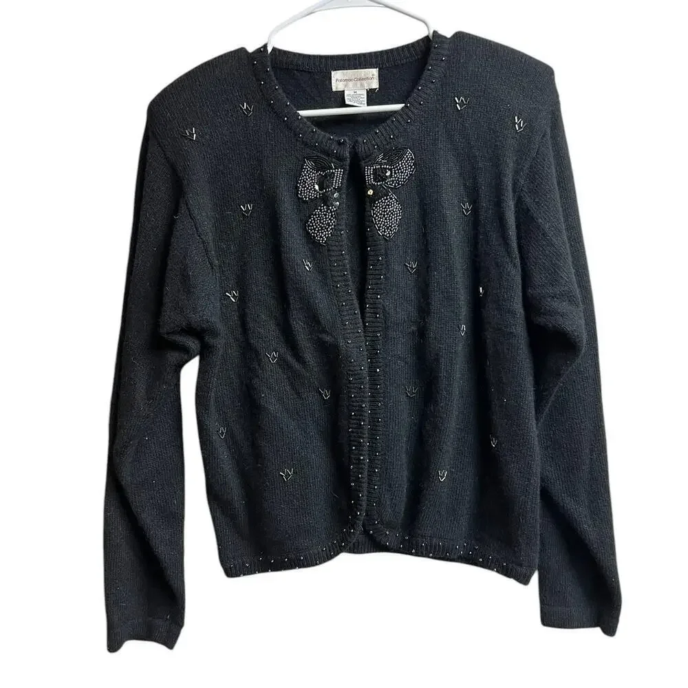 Potomac Collection Embellished Sweater Cardigan Black Bow Shoulder Pads Vintage